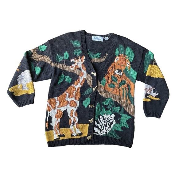 Belle Pointe Novelty Jungle Safari Cardigan Knit Sweater VTG 90s XL Women RARE - Picture 2 of 12